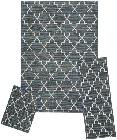 3-Piece Indoor Area Rug Set, Crosshatch Blue/Grey