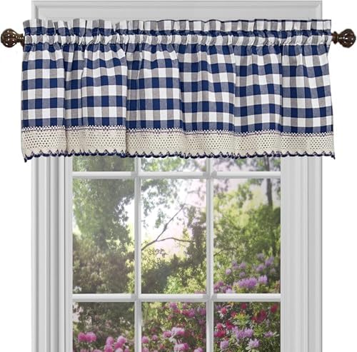 Buffalo Check Valance Curtains, Navy Blue & Ivory White Plaid