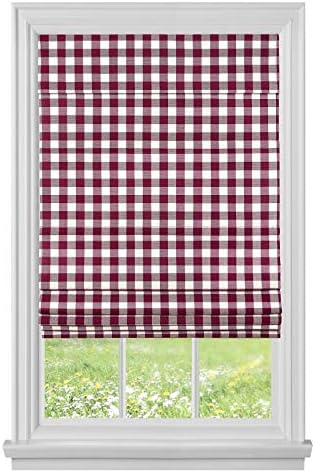 Cordless Buffalo Check Roman Shade, Burgundy, 29 x 64 in