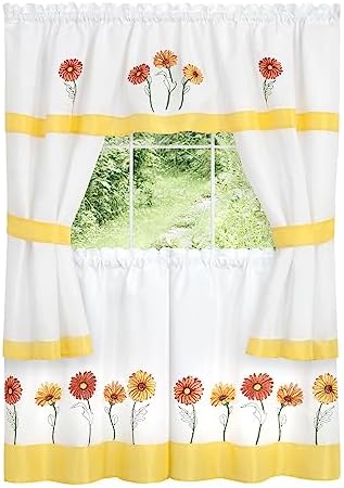 Embellished Cottage Curtain Set, Gerbera Daisy, 58 x 24 in