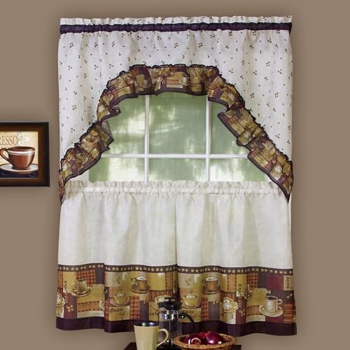 Embellished Tier and Swag Curtain Set, Coffee