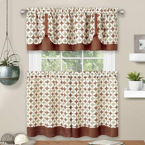 Light Filtering Printed Tier & Valance Curtain Set, Spice/Tan