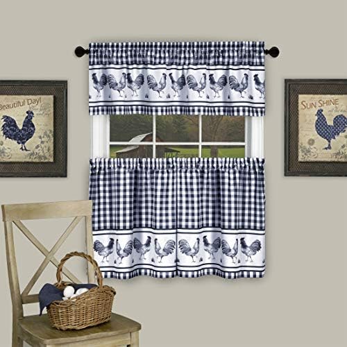 Light Filtering Printed Tier & Valance Window Curtain, Navy, 24 x 58 in