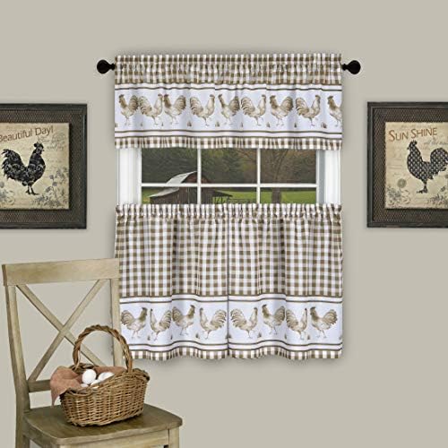 Light Filtering Printed Tier & Valance Window Curtain, 36 x 58 in, Taupe