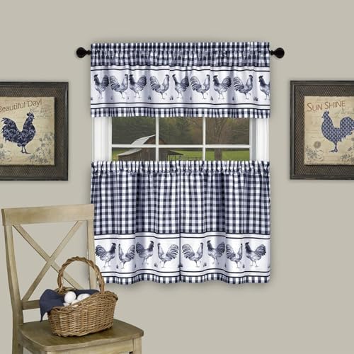 Light Filtering Printed Tier & Valance Window Curtain, Navy, 36 x 58 in