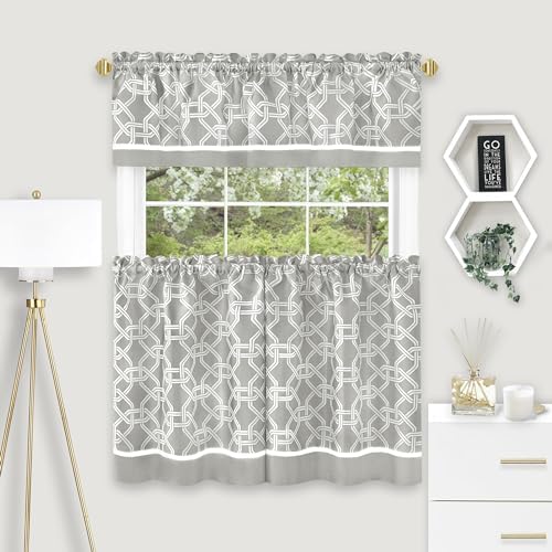 Light Filtering Printed Tier & Valance Window Curtain, Grey