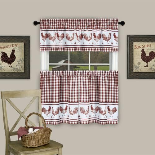 Light Filtering Printed Tier & Valance Window Curtain, Barnyard (Burgundy)