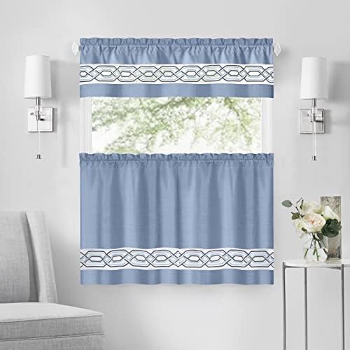 Paige Tier and Valance Curtain Set, Blue, 55 x 24 in