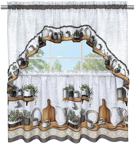 Printed Tier & Swag Curtain Set, Charcoal Jade